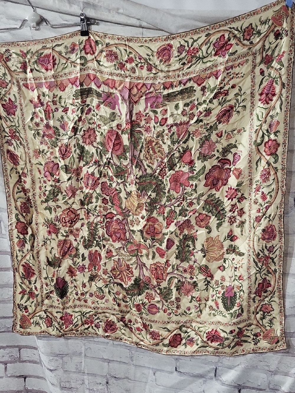 Liberty Of London Floral Ivory Silk Scarf with Pink & Green Bouquet